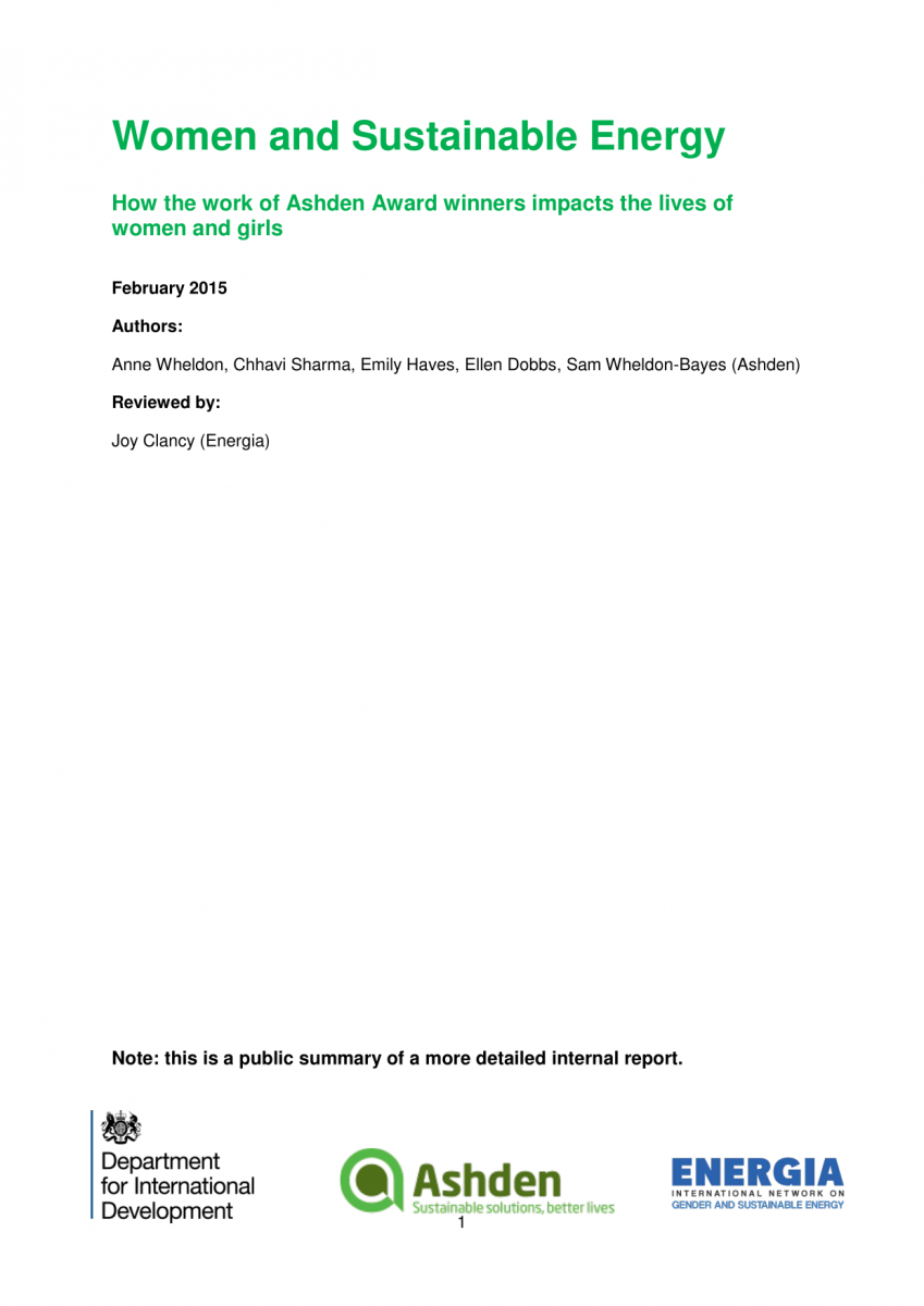 Women and Sustainable Energy: How the work of Ashden Award winners impacts the lives of women and girls