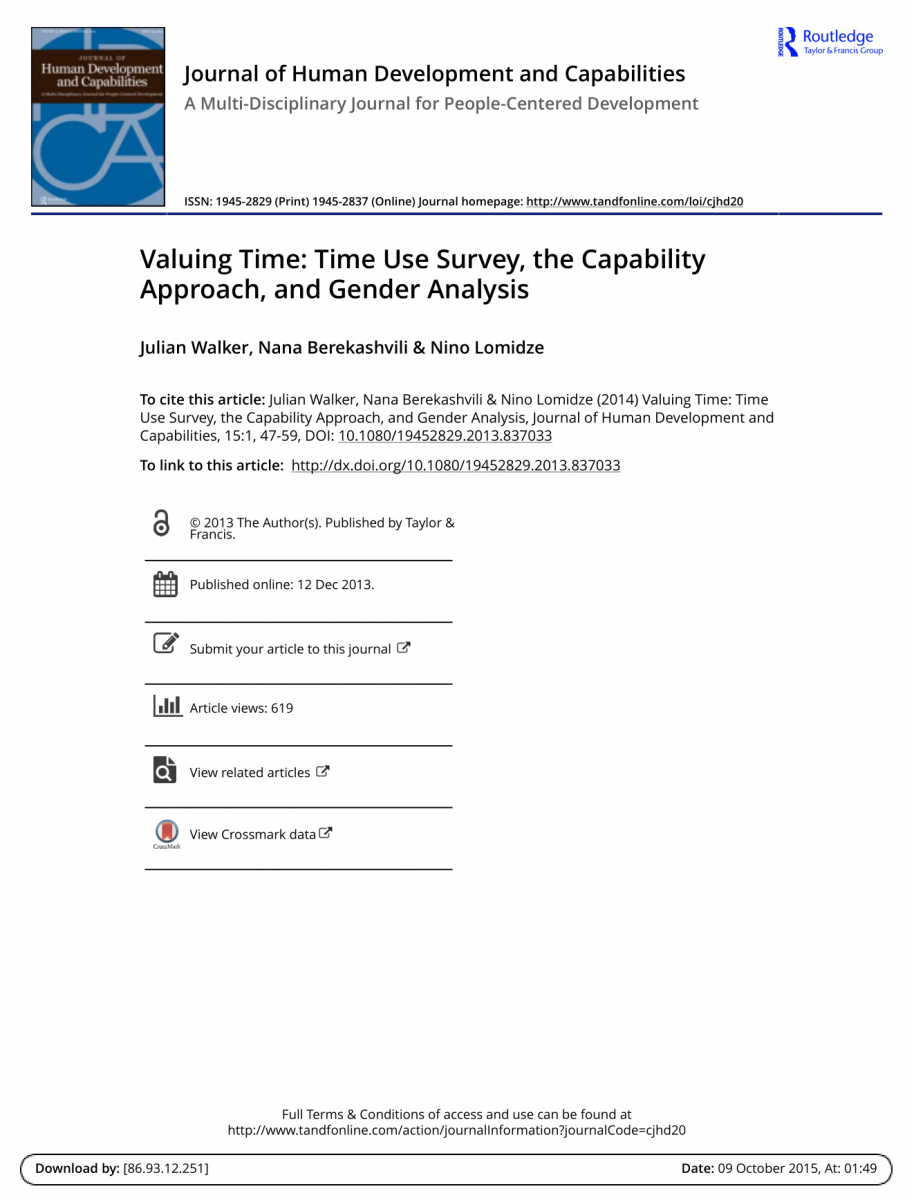 Valuing Time: Time Use Survey, the Capability Approach, and Gender Analysis