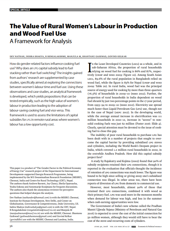 The Value of Rural Women’s Labour in Production and Wood Fuel Use: A Framework for Analysis